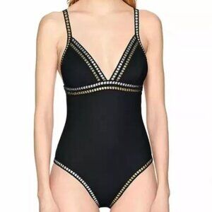 La Blanca Black Silver Gold Metalic Ribbon Crochet One Piece Swimsuit